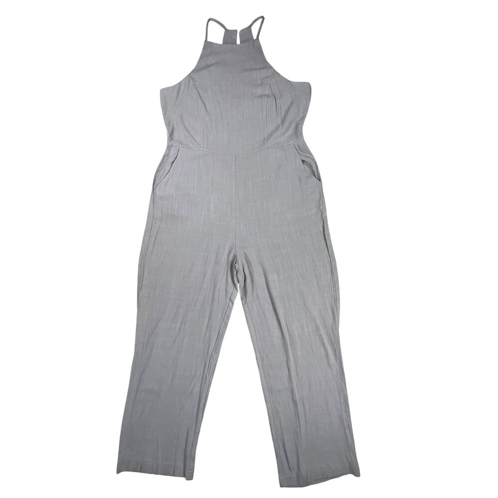 Tilly’s Melrose Jumpsuit Womens L Gray Linen Blend Wide Leg Halter Sleeveless